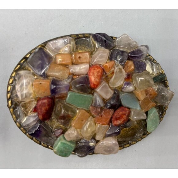 Vtg 2 Pc Stone Shell Bead Inlay Belt Buckle Set Oval Rectangle - Picture 4 of 8